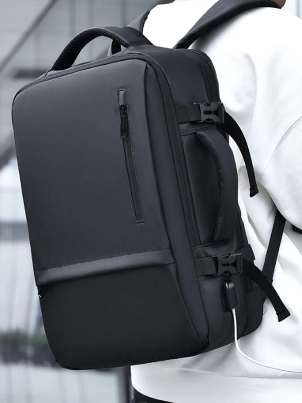 Multi-Pocket Leather Backpack — Adjustable Straps Business Casual Bag in Black & Dark Gray
