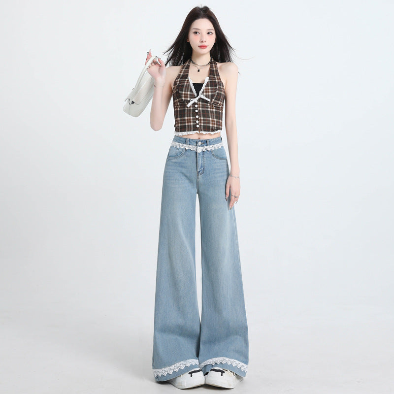 Lace Trim Wide Leg Jeans Women Slimming Flared Pants