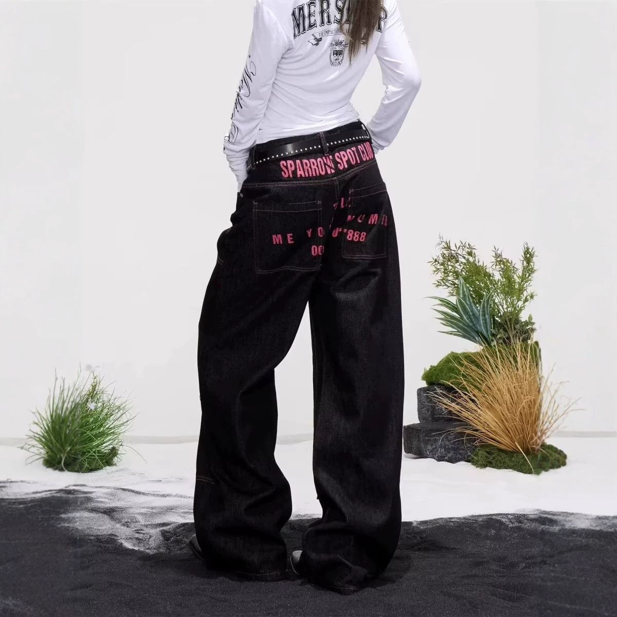 Loose Jeans Unisex High Street Washed Knife-Edge Wide Leg Pants
