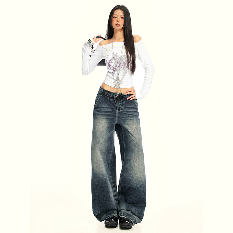 Women's Washed Straight Jeans  Loose Floor-Length Wide-Leg Pants