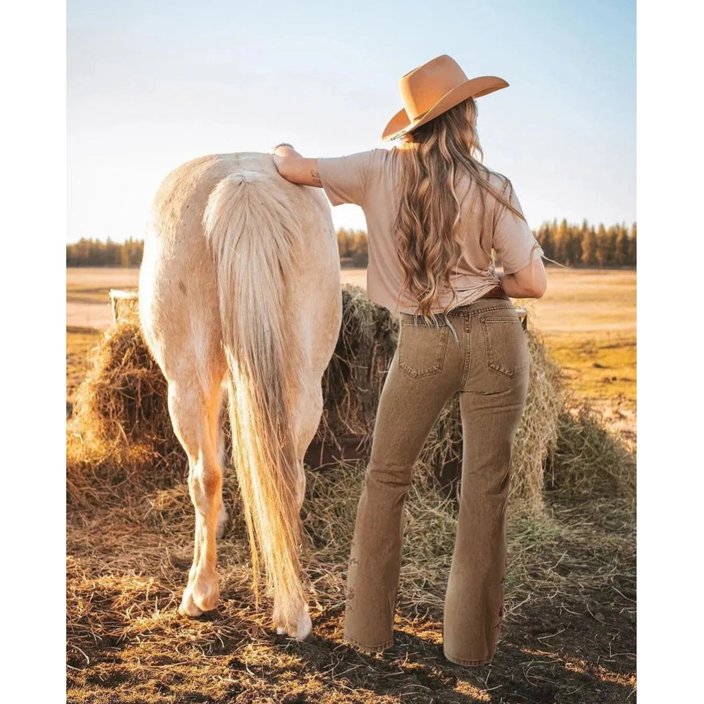 Women's Jeans Casual Slim Fit Vintage Embroidered Flared Long Pants