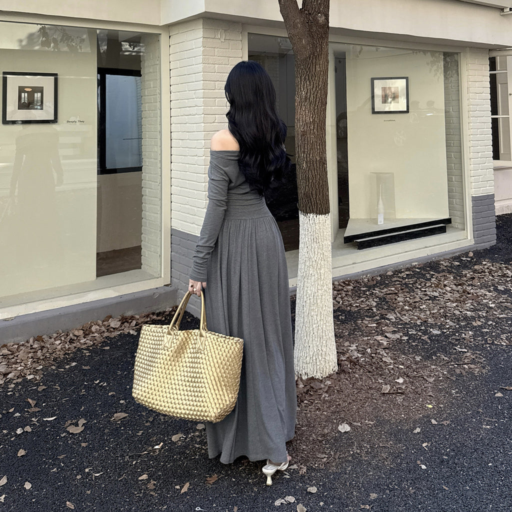 Wear long sleeved dresses with one shoulder and slanted shoulders