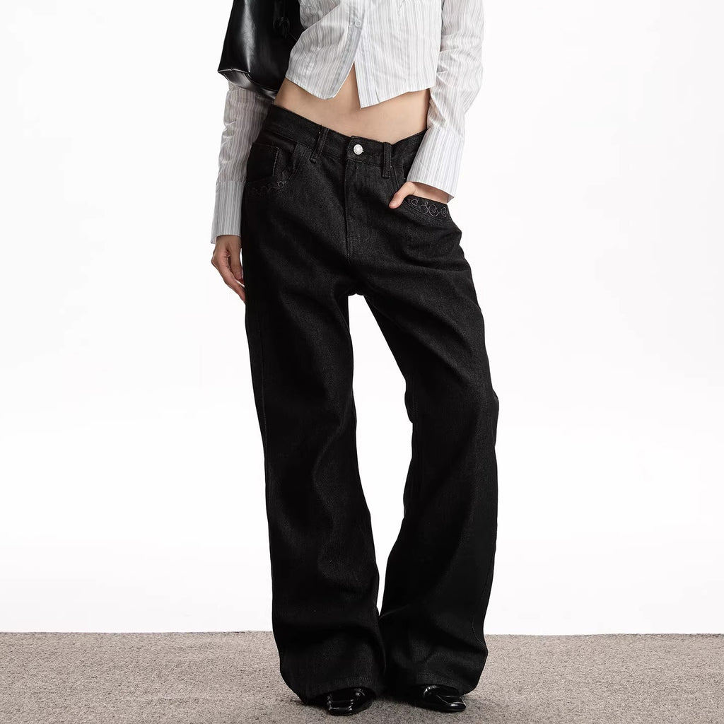 Embroidered Raw Denim Flared Jeans Women Cleanfit Preppy Style Long Pants Black