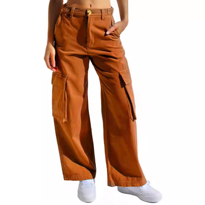 Loose wide leg straight leg multi pocket work pants jeans