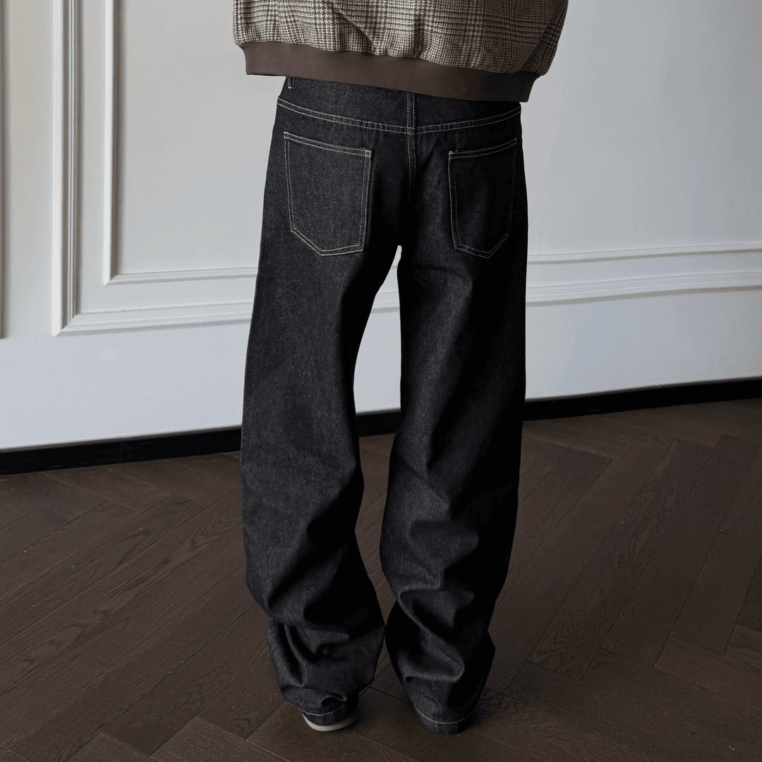 Washed Loose Straight Leg Jeans Men Clean Fit Hand Stitched Versatile Long Pants