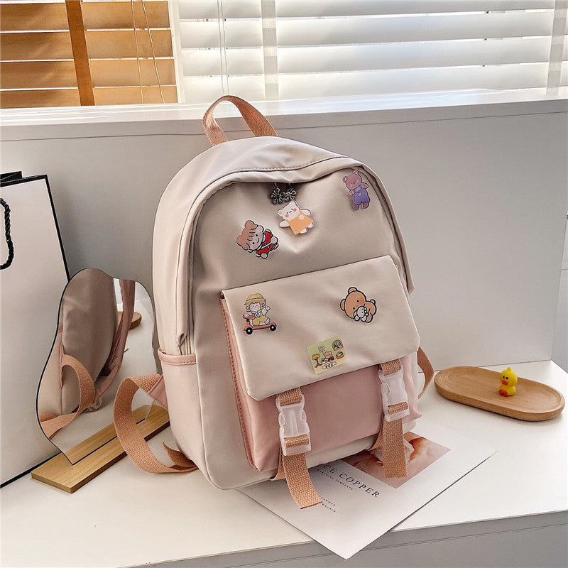 Korean Ulzzang Nylon Backpack — INS Style School Bag with Brooch Pendant for Teen & High School Girls