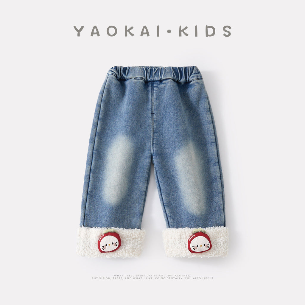 Baby Girls Fleece Lined Thick Patchwork Jeans Versatile Fluffy Wide Leg Pants