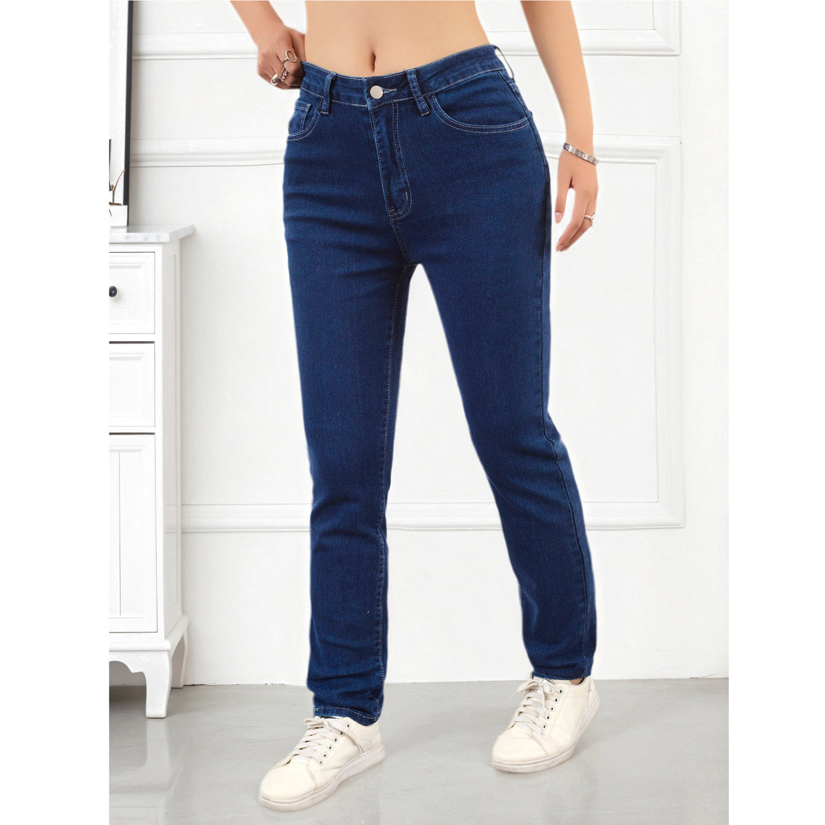 Women's Jeans Pants Fashion Deep Blue Stretch Simple Casual Versatile Slim Fit Skinny Pants Suitable