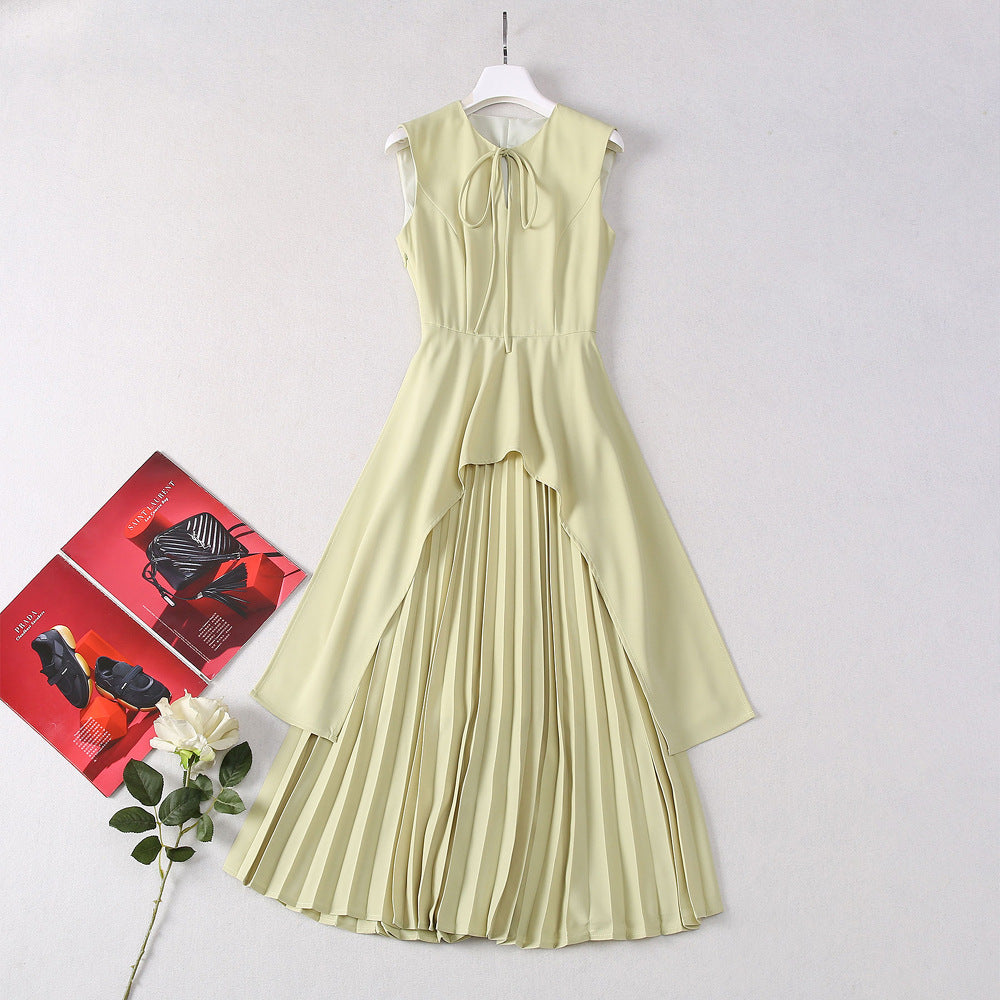 Round neck sleeveless waist cinched ruffle hem pleated apple green dress for women