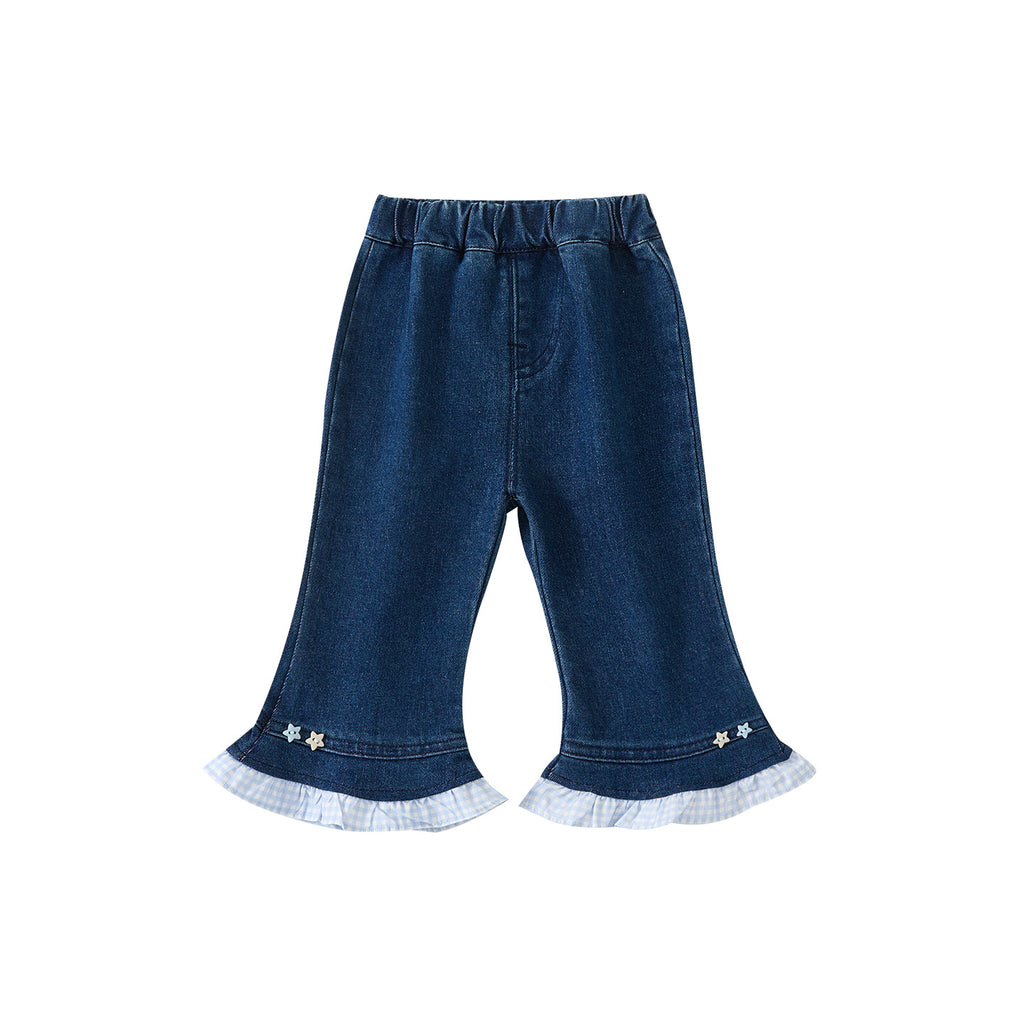 Cuffed Checkered Patchwork Flared Pants for Toddlers Jeans for Baby Girls, Spring Outfit