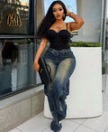 Women's Wide Leg Jeans Fashion Washed Tie-Dye Distressed Straight Leg Cargo Pants