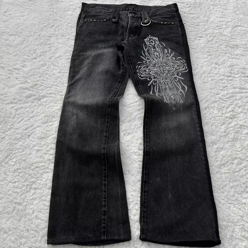 Y2K Dark Style Cross Print Washed Flared Jeans Retro Punk Streetwear Long Pants Ins