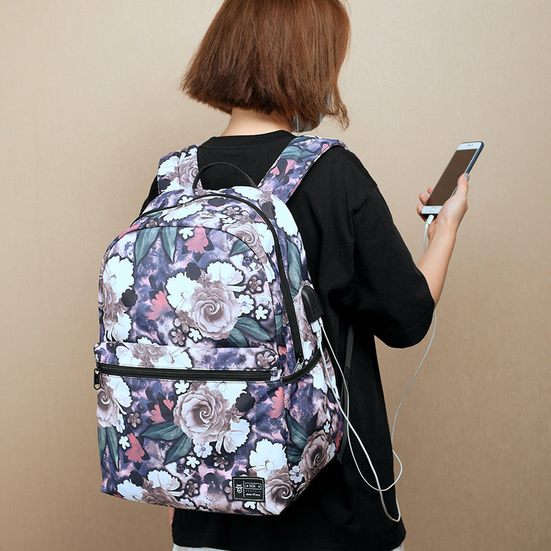 Peony Print 2-Piece Backpack Set — Large Capacity Oxford Cloth School Bag with USB Port in Purple