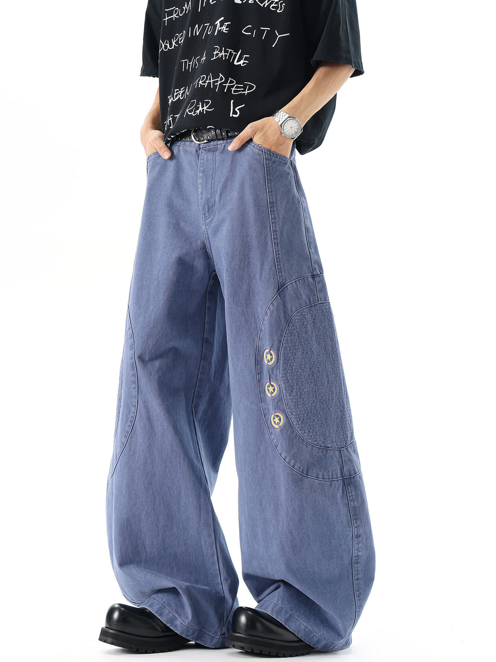 High Waist Men's Arc Fashion Patchwork Star Design Jeans Summer Loose Drape Versatile Wide Leg Pants