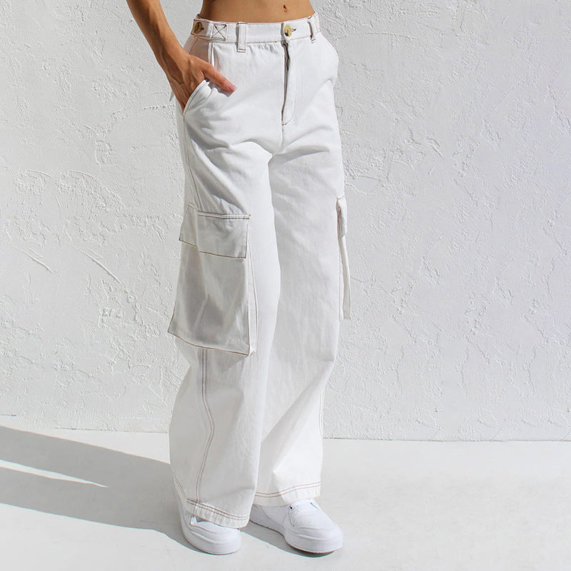 Loose wide leg straight leg multi pocket work pants jeans