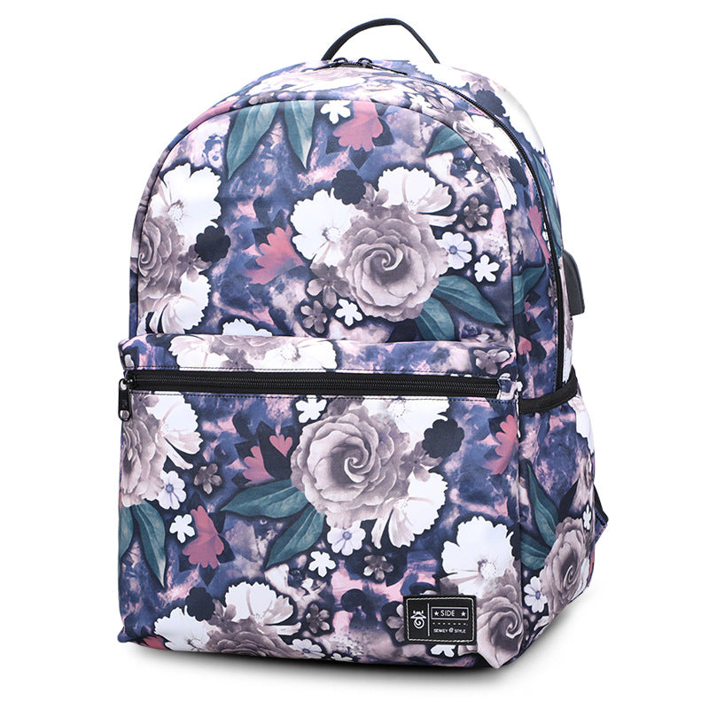 Peony Print 2-Piece Backpack Set — Large Capacity Oxford Cloth School Bag with USB Port in Purple