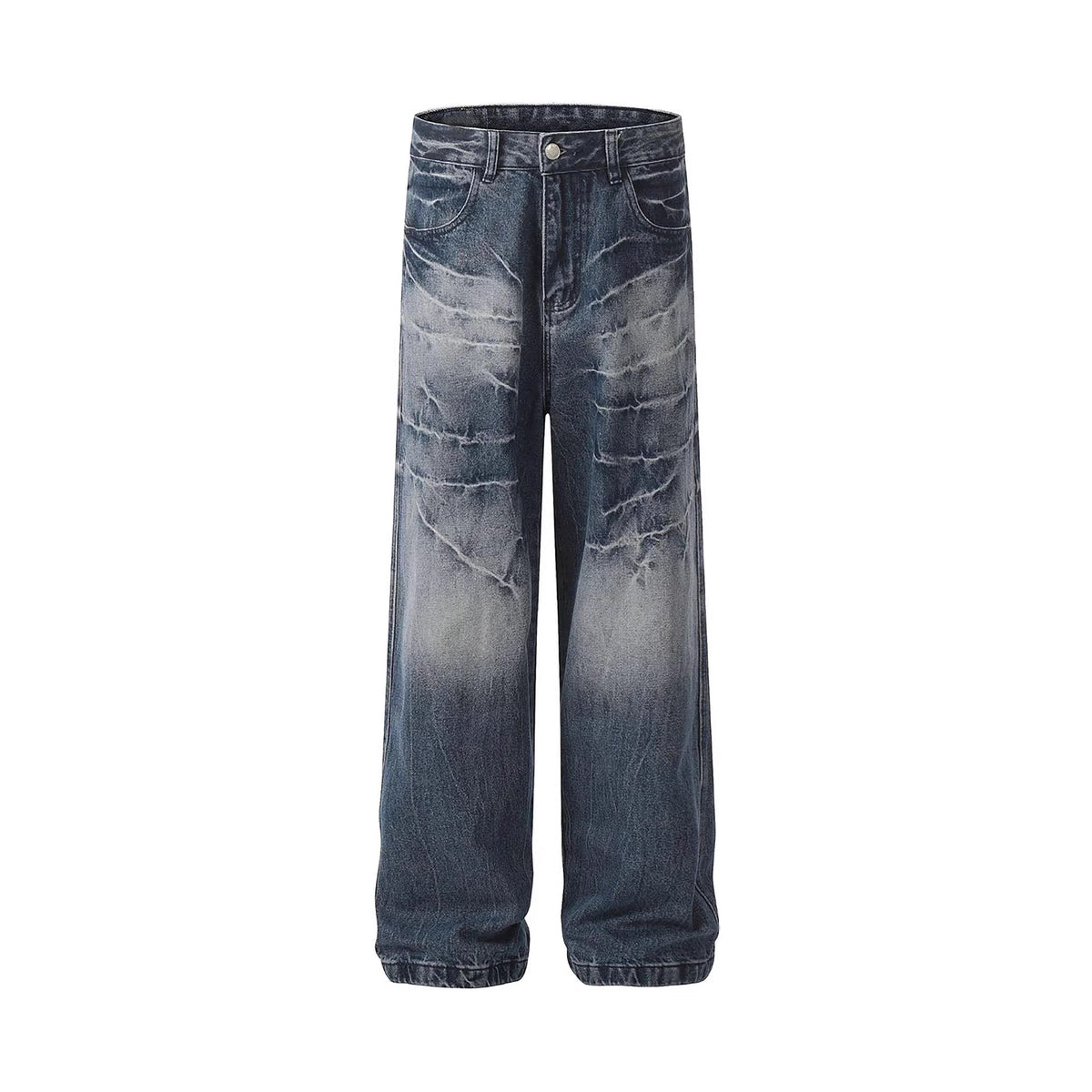 Vintage Lightning Pattern Washed Denim Pants Unisex Color Mid-Wash Style Casual Fit Jeans