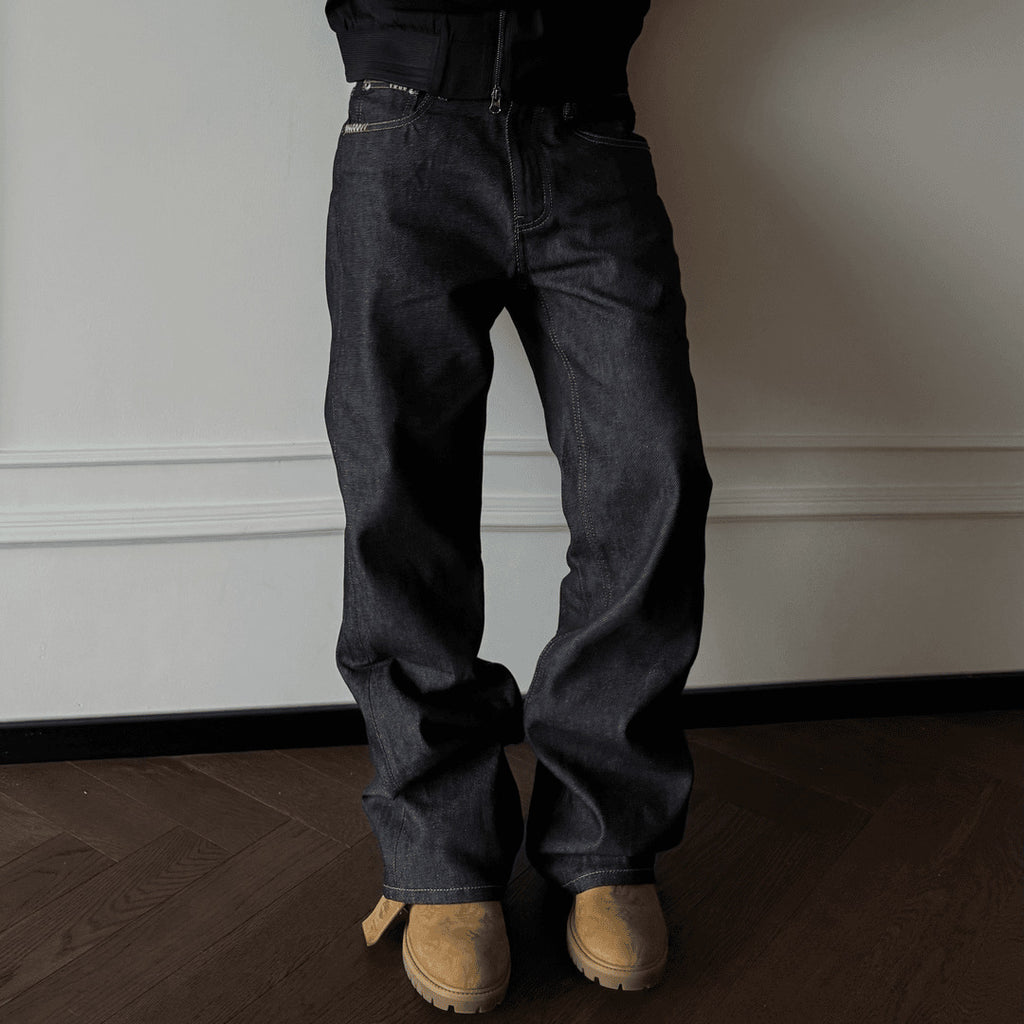 Washed Loose Straight Leg Jeans Men Clean Fit Hand Stitched Versatile Long Pants