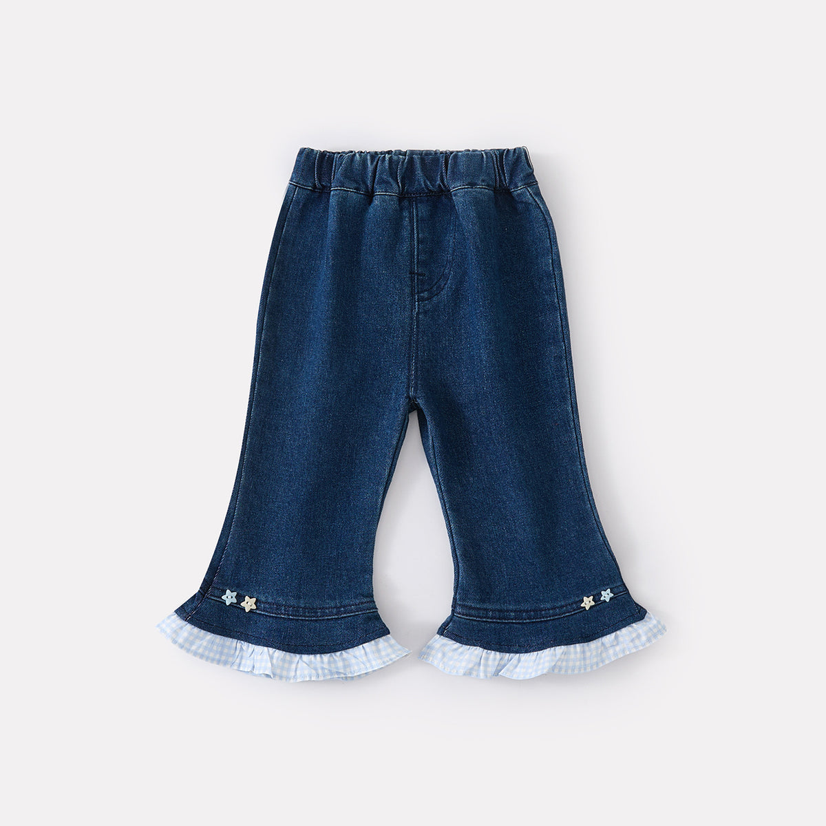 Cuffed Checkered Patchwork Flared Pants for Toddlers Jeans for Baby Girls, Spring Outfit