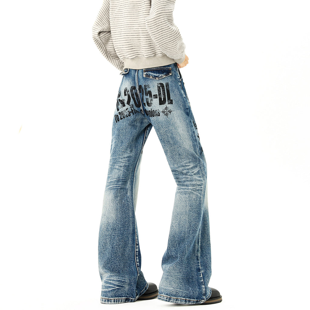 Stylish Washed Distressed Flared Denim Pants for Men with Cat Eye and Rivet Details, Slim Fit Straight Leg Jeans