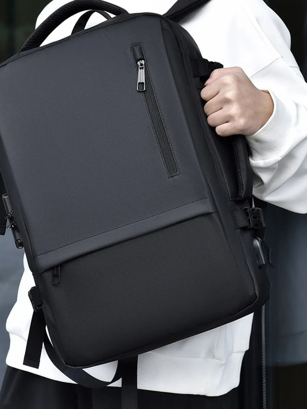 Multi-Pocket Leather Backpack — Adjustable Straps Business Casual Bag in Black & Dark Gray