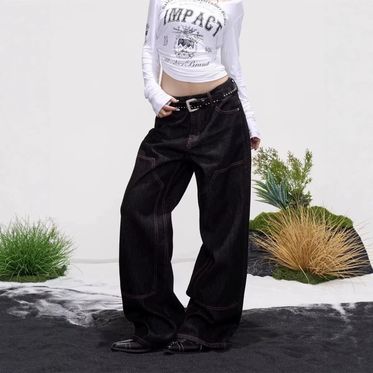 Loose Jeans Unisex High Street Washed Knife-Edge Wide Leg Pants