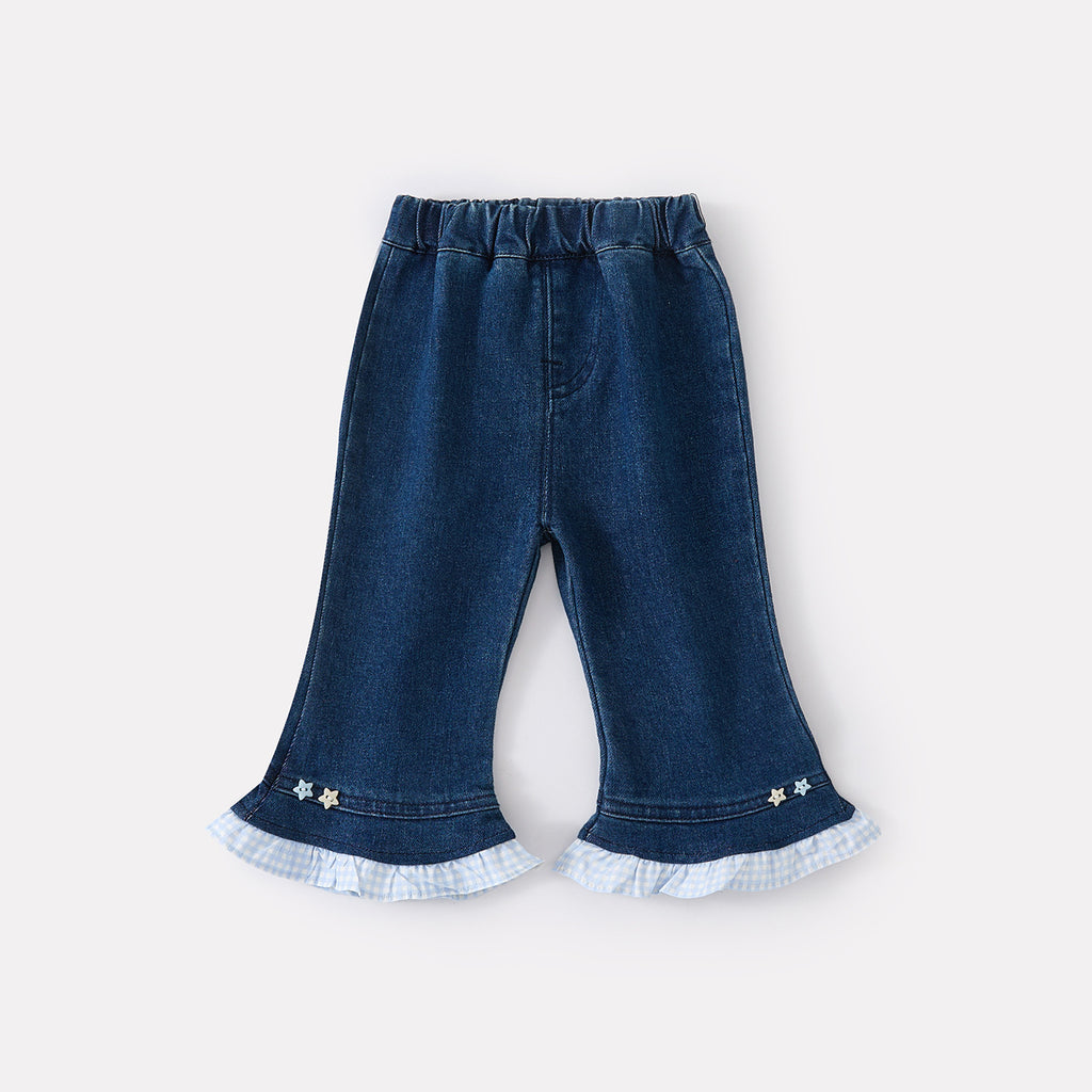 Cuffed Checkered Patchwork Flared Pants for Toddlers Jeans for Baby Girls, Spring Outfit