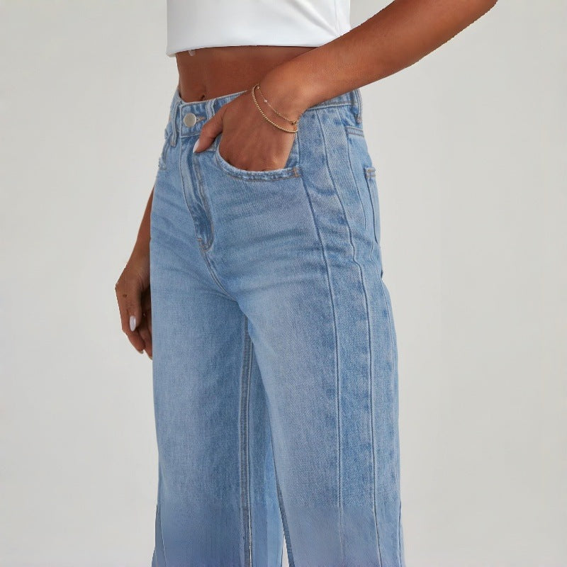 Women's jeans mid waist blue curved knife pants with fringed denim pants