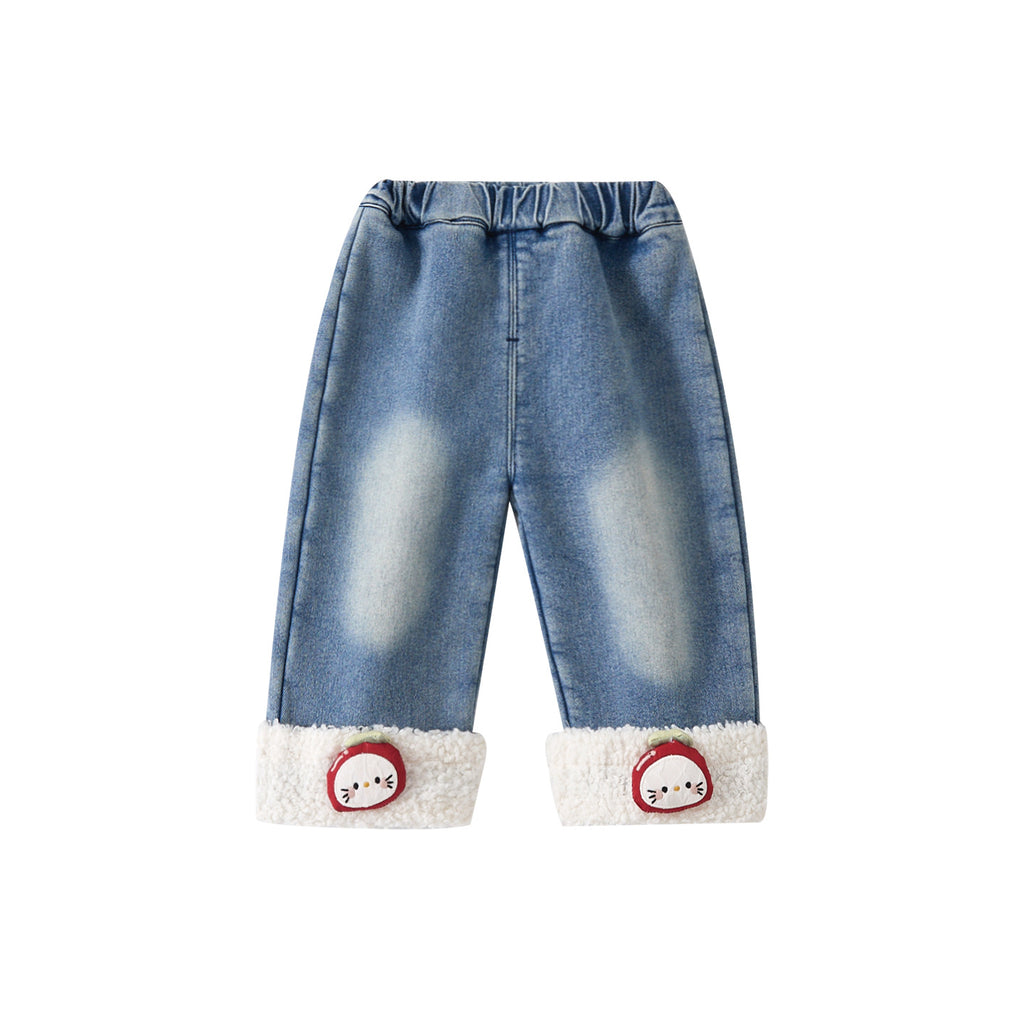 Baby Girls Fleece Lined Thick Patchwork Jeans Versatile Fluffy Wide Leg Pants