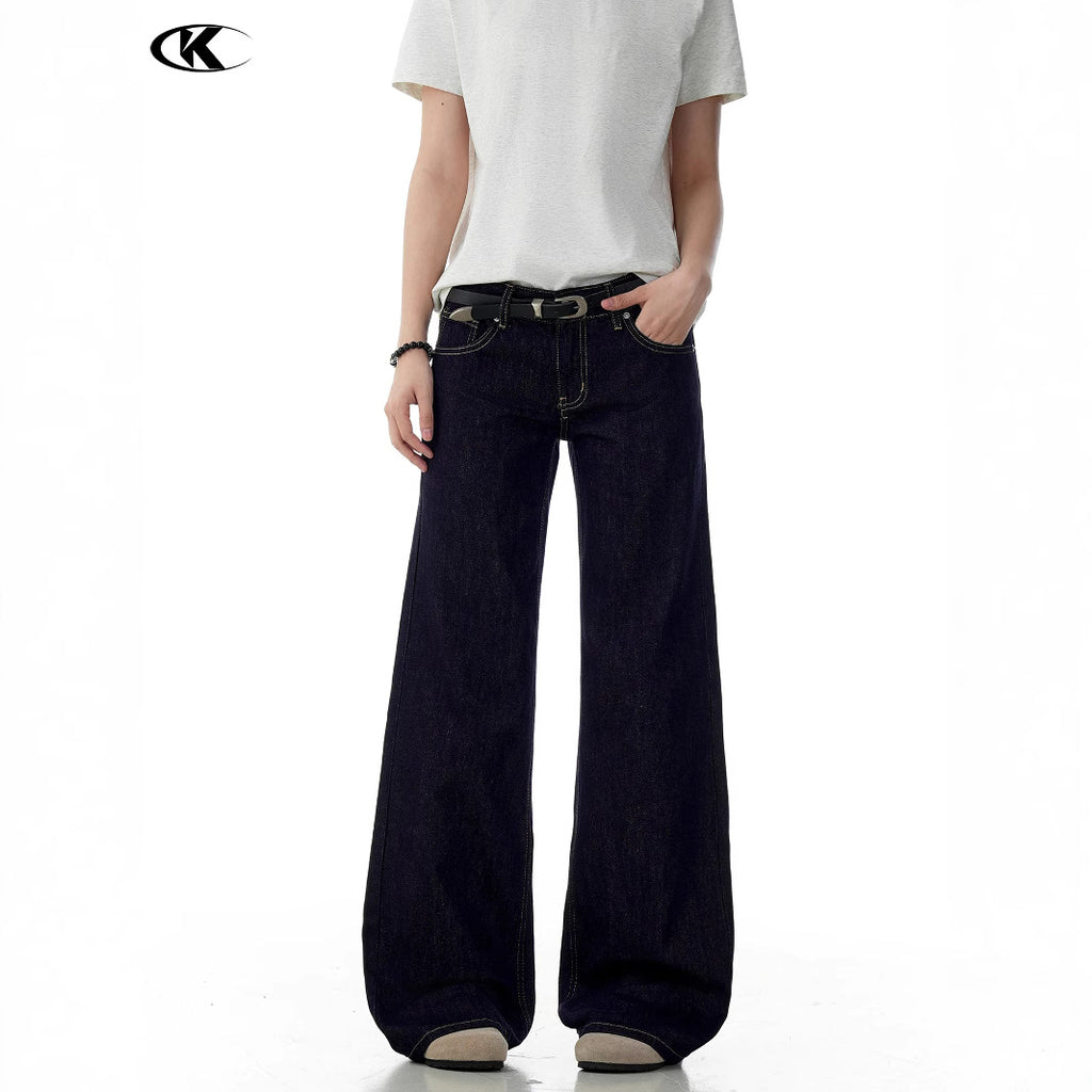 Blue Flared Jeans for Women with Visible Stitching Casual Long Pants