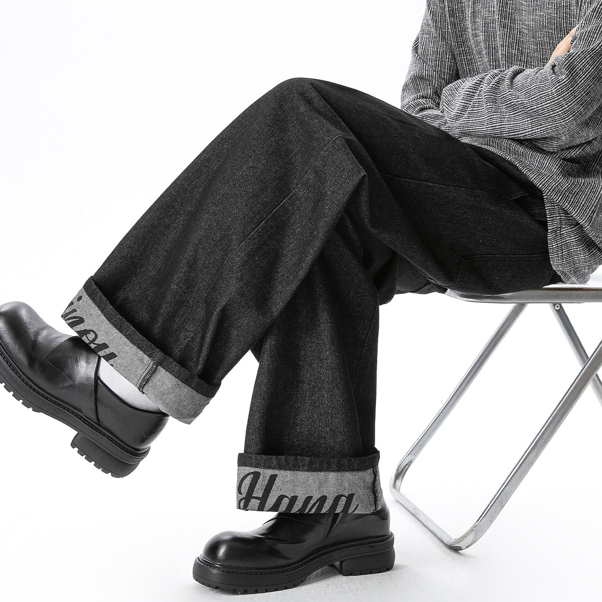 Original Denim VintageStreet Style Straight Leg Jeans for Men, Autumn Structural Pleated Cuff Printed Long Pants