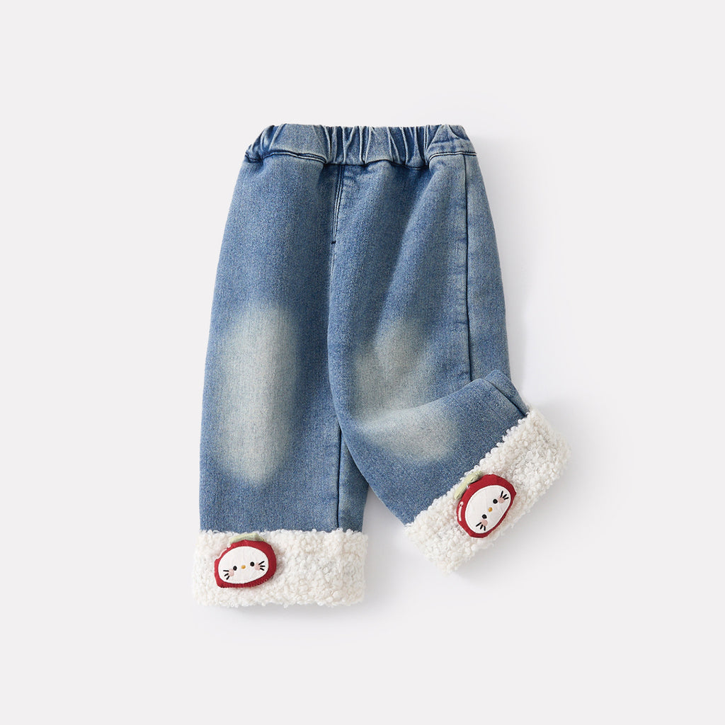 Baby Girls Fleece Lined Thick Patchwork Jeans Versatile Fluffy Wide Leg Pants