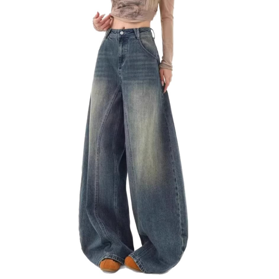 Blue Knife-Edge Jeans Women Pants Wide Leg Floor-Length Trousers