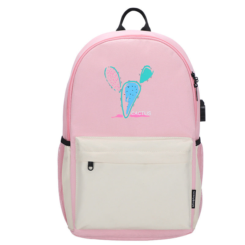 Cute Bear & Cactus Print Girls Backpack — Oxford Cloth Medium School Bag