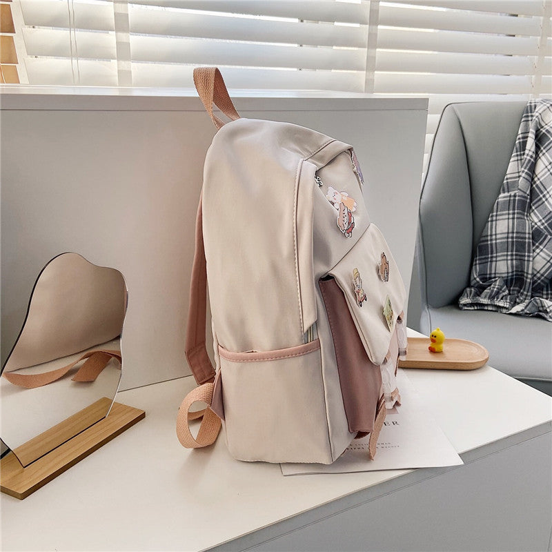 Korean Ulzzang Nylon Backpack — INS Style School Bag with Brooch Pendant for Teen & High School Girls
