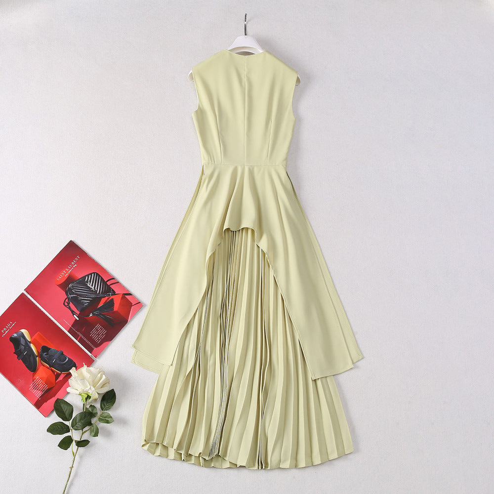 Round neck sleeveless waist cinched ruffle hem pleated apple green dress for women