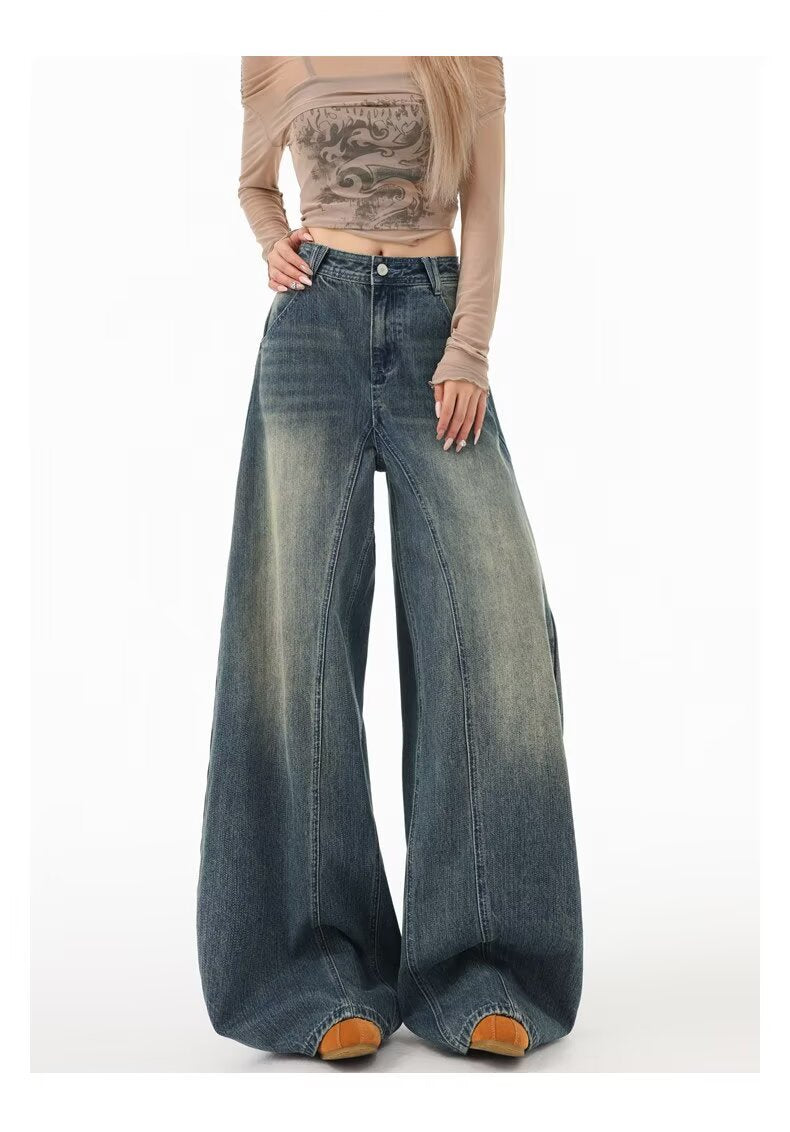 Blue Knife-Edge Jeans Women Pants Wide Leg Floor-Length Trousers