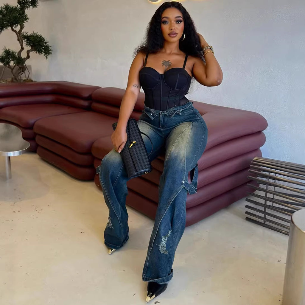 Women's Wide Leg Jeans Fashion Washed Tie-Dye Distressed Straight Leg Cargo Pants