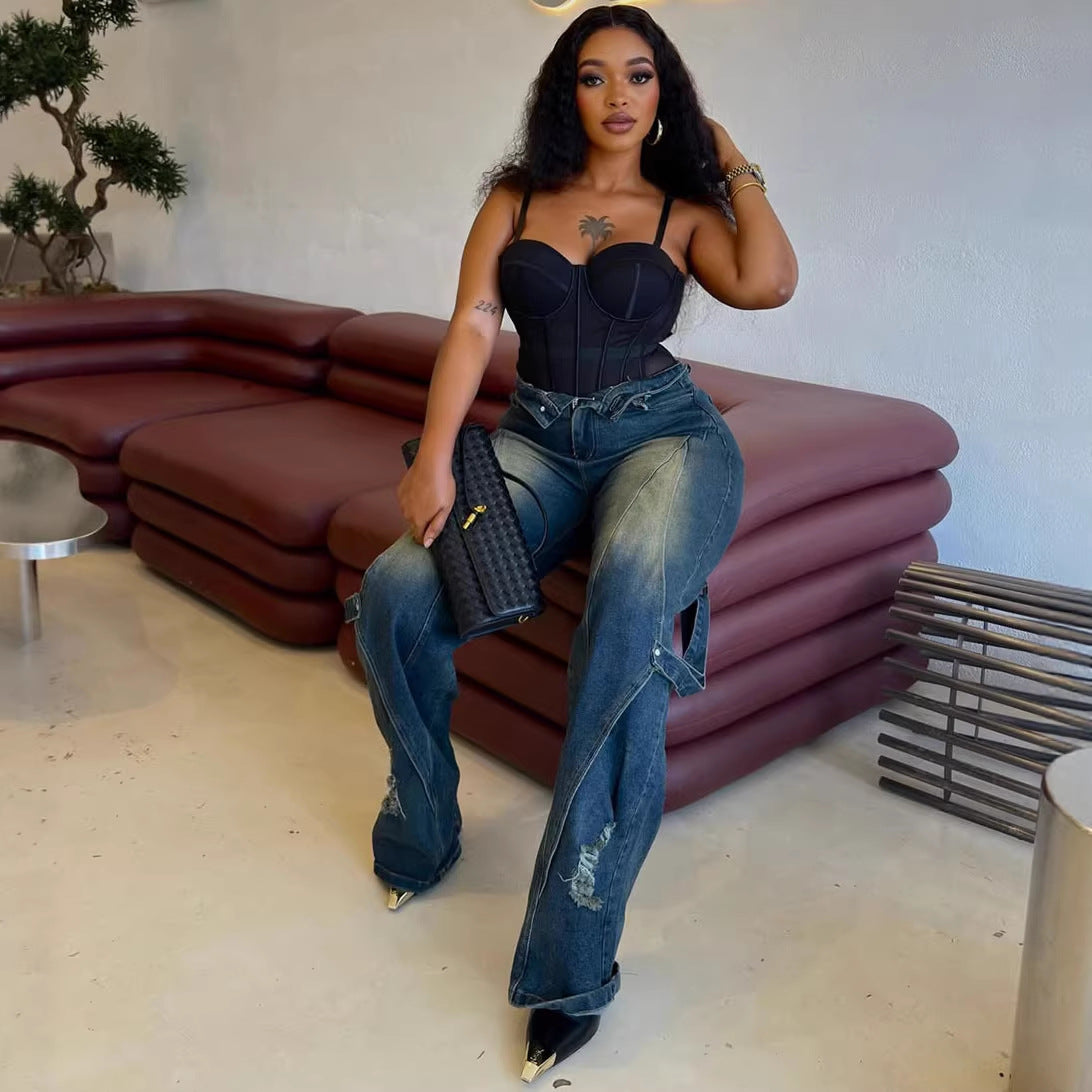 Women's Wide Leg Jeans Fashion Washed Tie-Dye Distressed Straight Leg Cargo Pants