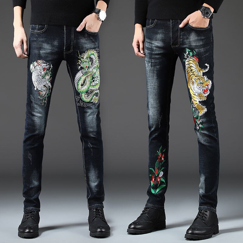 Jeans men's stretch slim feet pants hole embroidery net red the same men's pants animal tiger snake pattern embroidered jeans