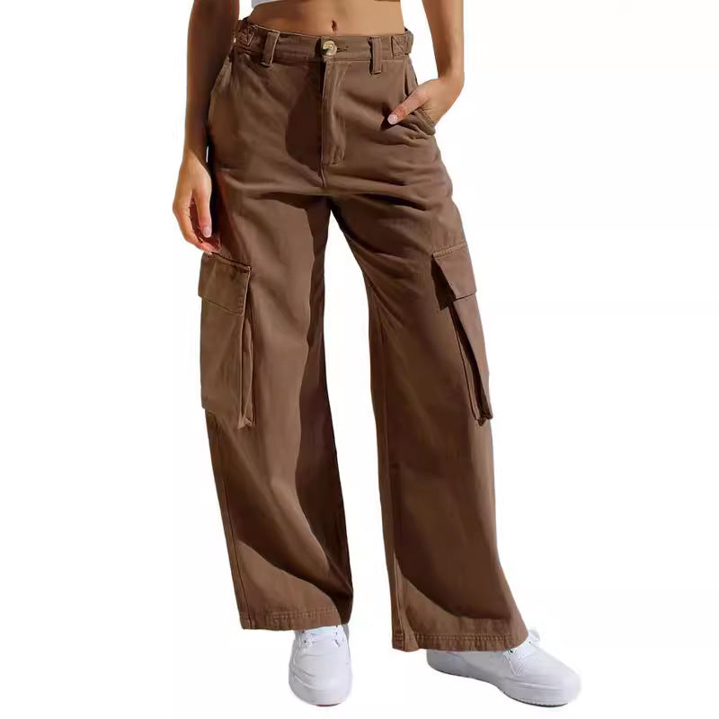 Loose wide leg straight leg multi pocket work pants jeans