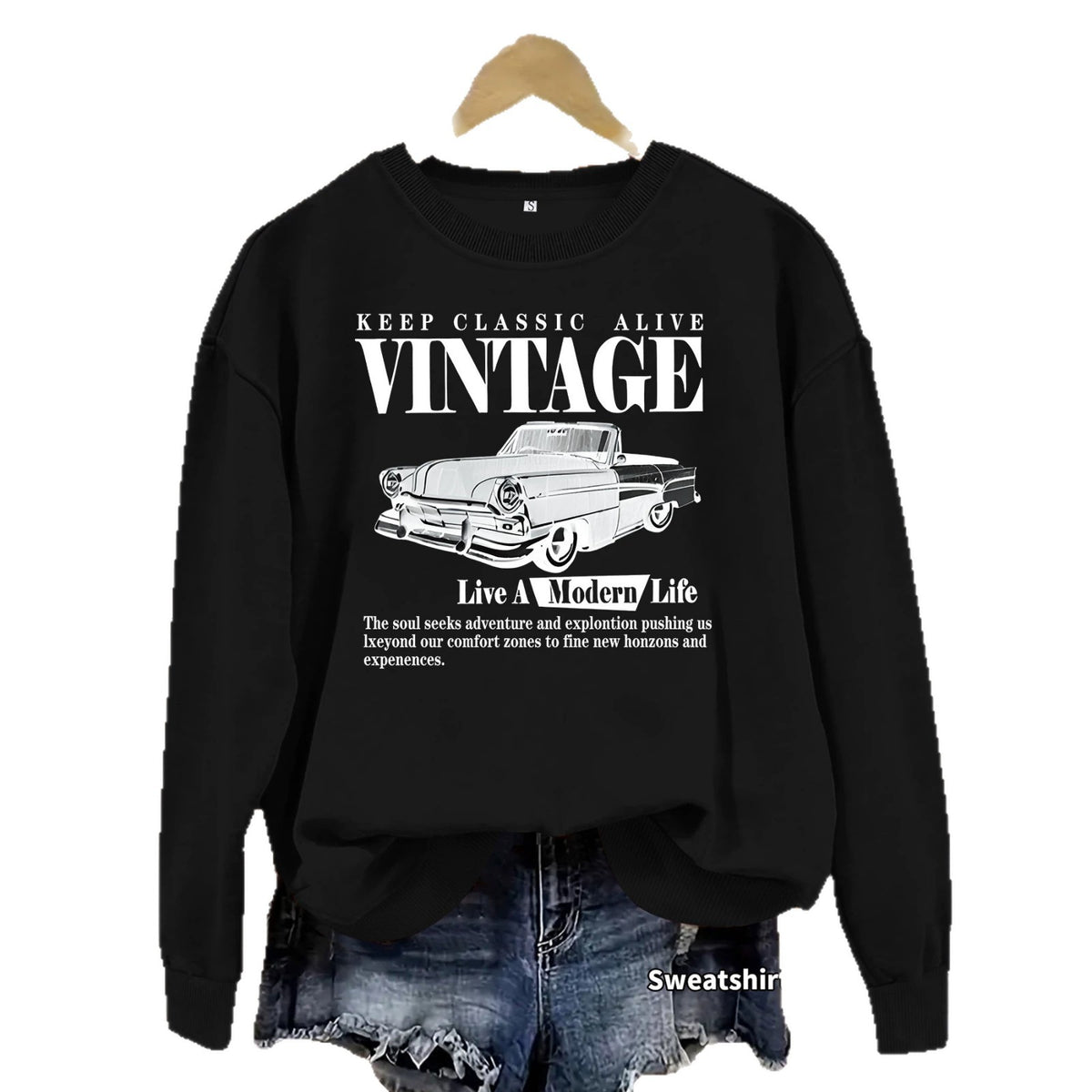 Car printed round neck fleece hoodie