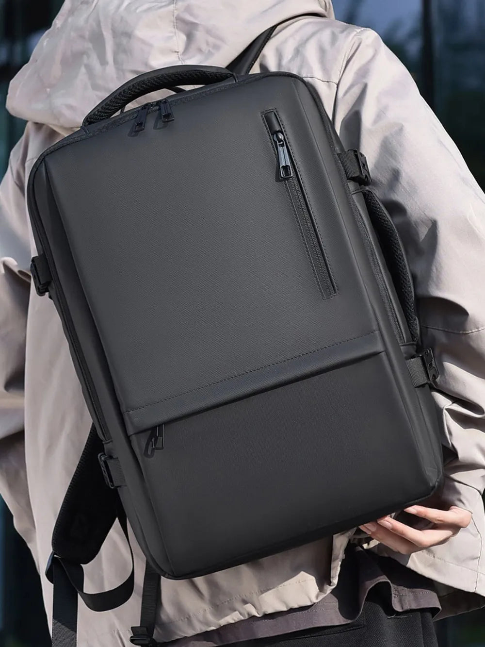Multi-Pocket Leather Backpack — Adjustable Straps Business Casual Bag in Black & Dark Gray