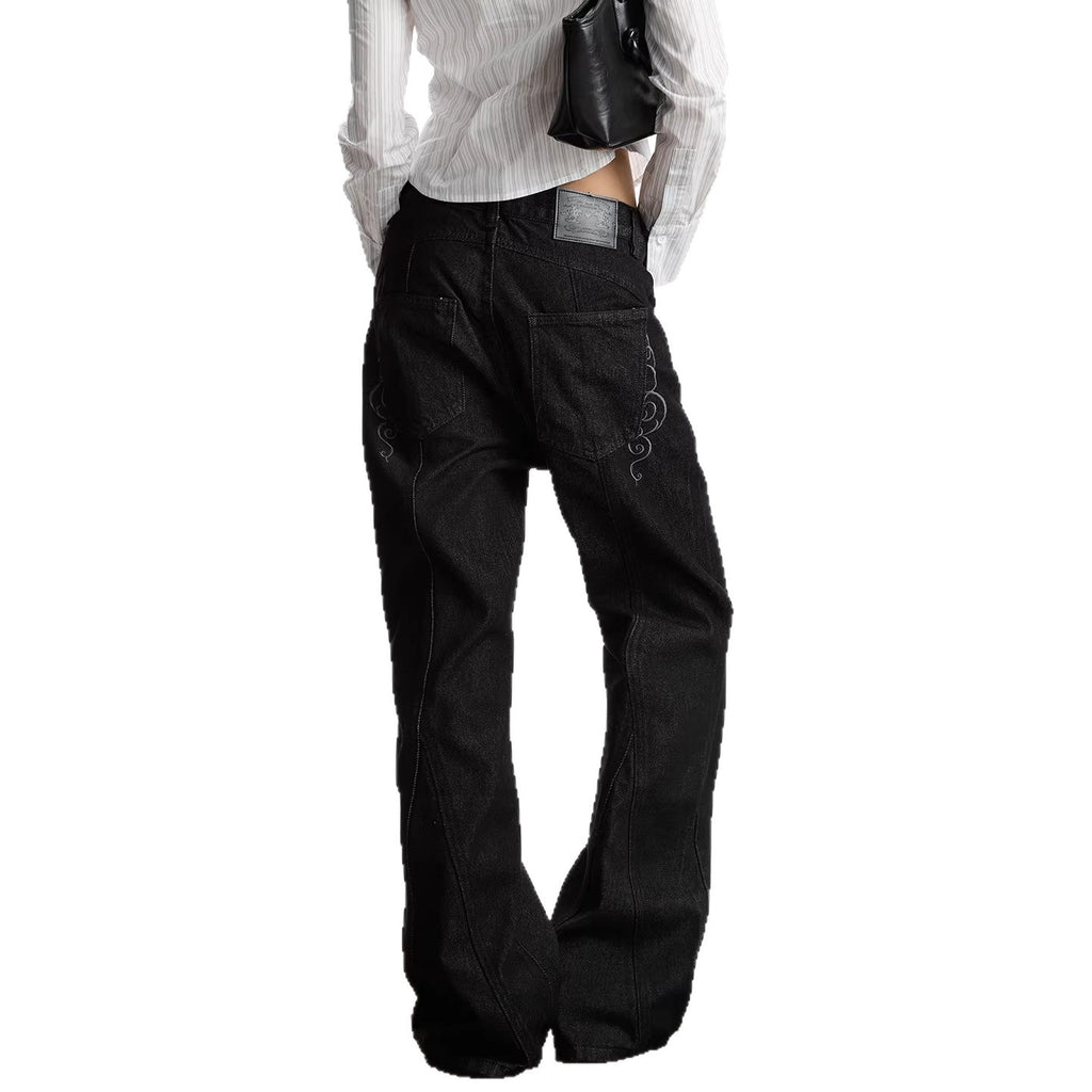 Embroidered Raw Denim Flared Jeans Women Cleanfit Preppy Style Long Pants Black
