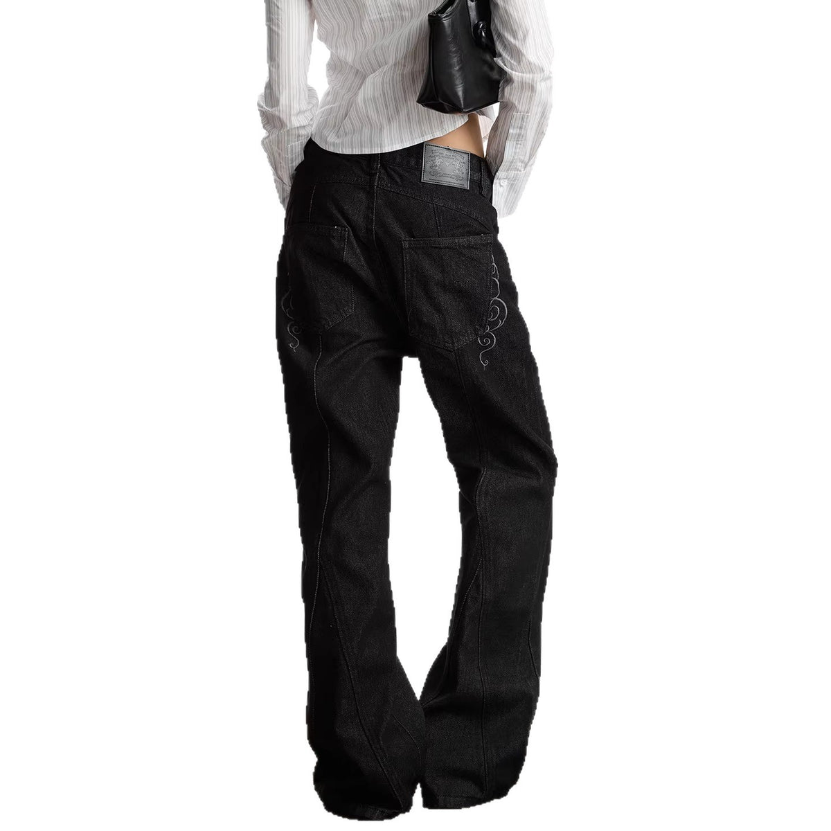 Embroidered Raw Denim Flared Jeans Women Cleanfit Preppy Style Long Pants Black