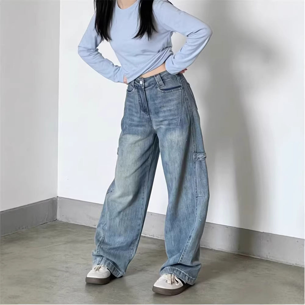 Wide-Leg Jeans Women High-Waisted Design Loose Straight Tube Knife-Edge Pants