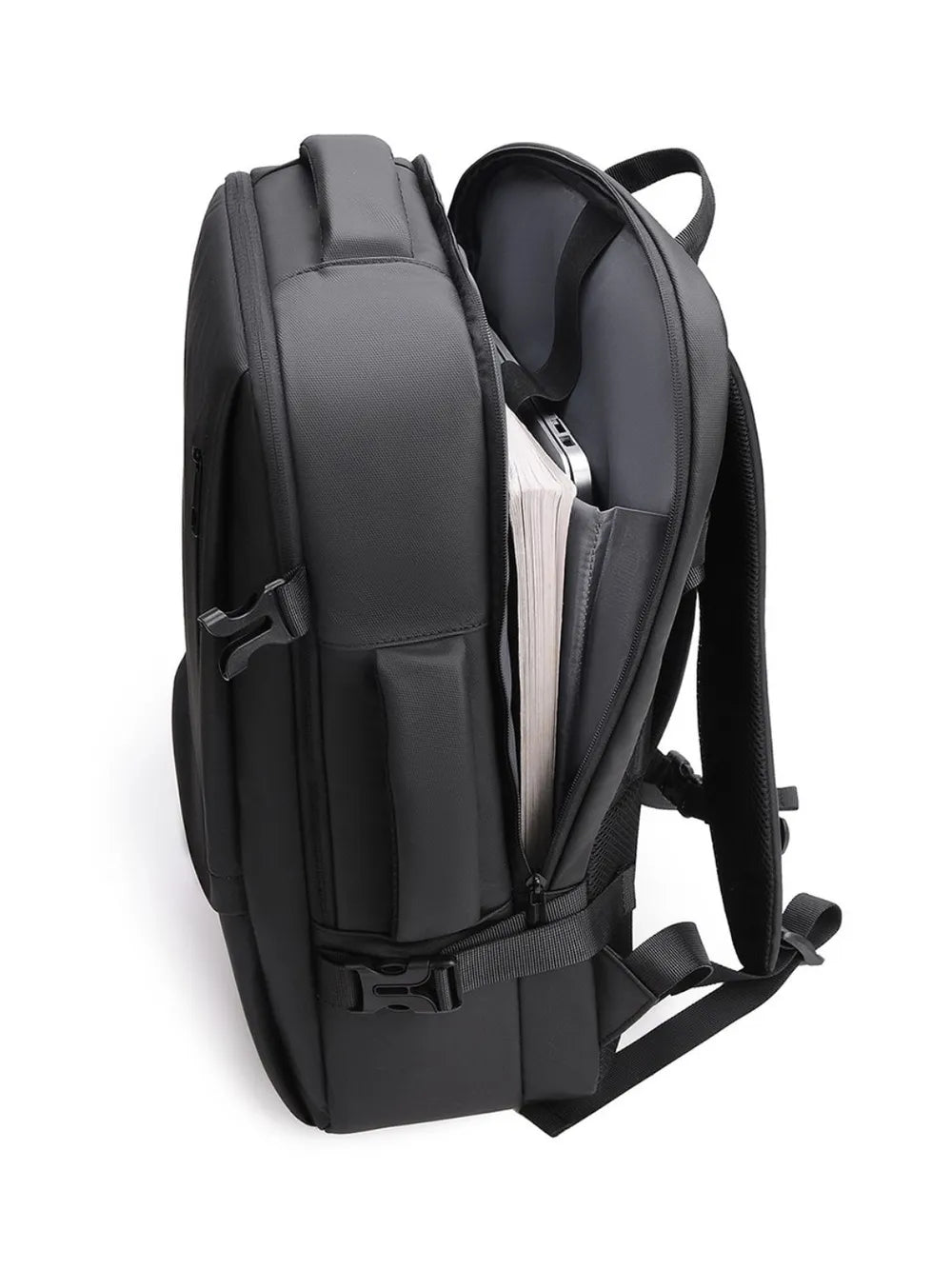 Multi-Pocket Leather Backpack — Adjustable Straps Business Casual Bag in Black & Dark Gray