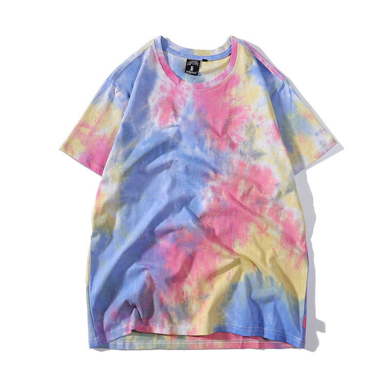 Cross-border Exclusive New Tie-dye T-shirt Men's Short-sleeved Summer Pure Cotton T-shirt Loose Ins Trendy Brand Colorful Top Clothes