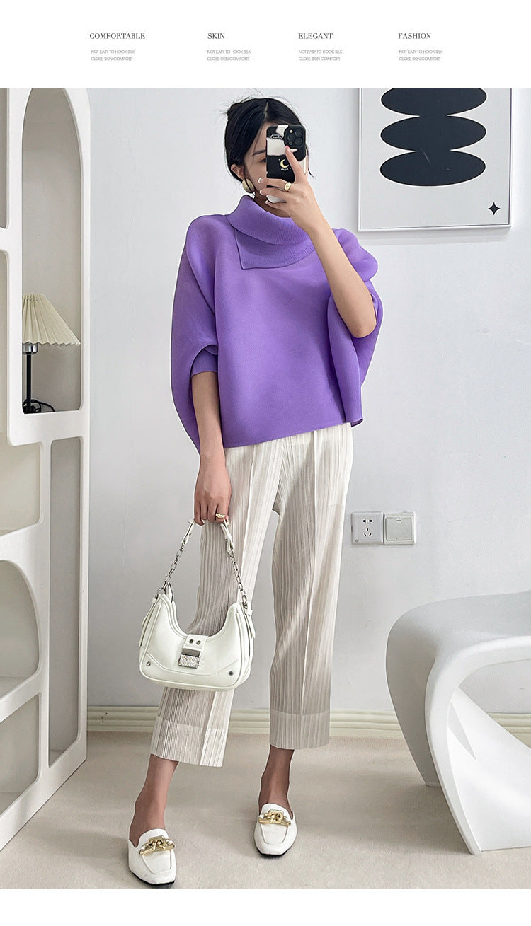 2026 Pleated Lapel Batwing Sleeve Top for Women, Spring and Autumn Style, Loose Fit, Plus Size, Long Sleeve, Pleated Solid Color Base Shirt T-Shirt