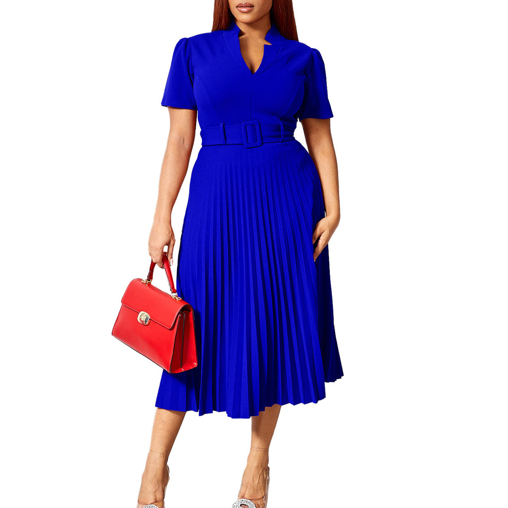 D563 Foreign Trade Cross-border Women's Clothing Summer New Short-sleeved V-neck Pleated High Waist Fashion Elegant Waist African dress